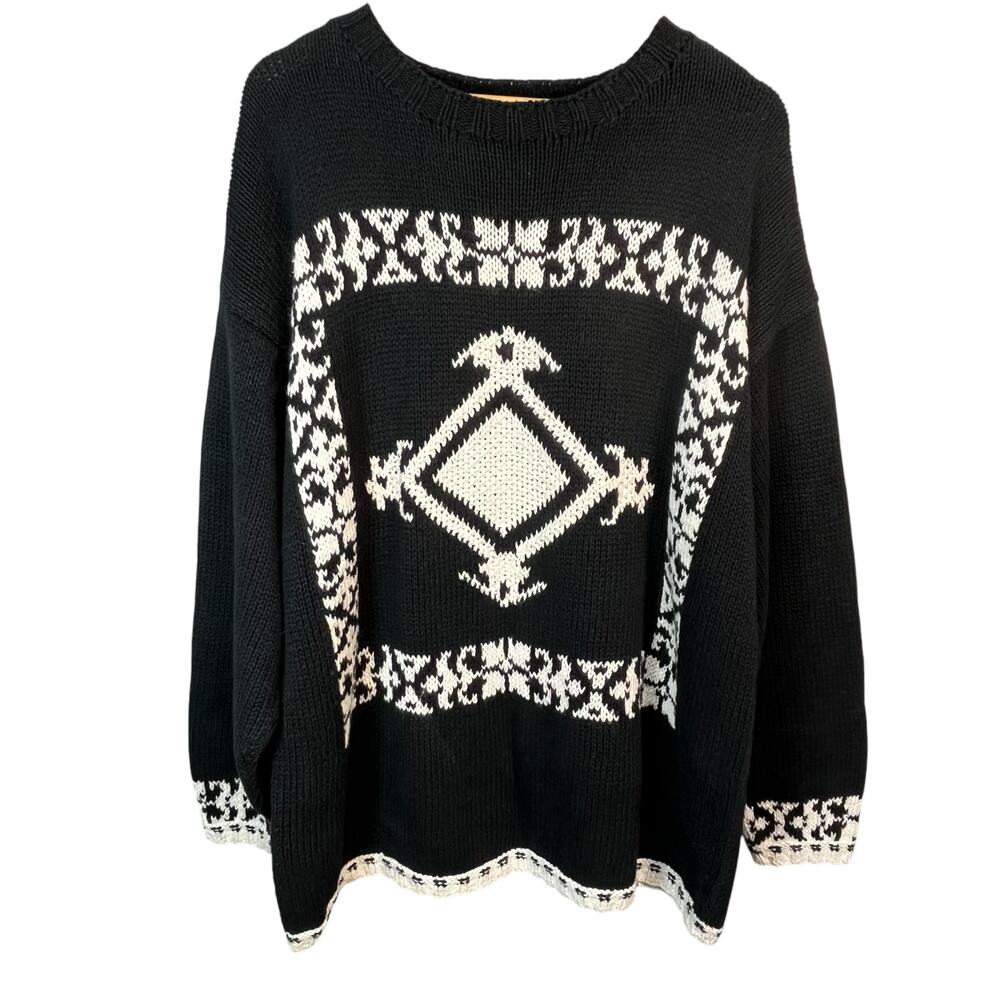 SK‎ Wear Vintage Black White Ramie Cotton Crewneck Geometric Boxy Sweater 2X